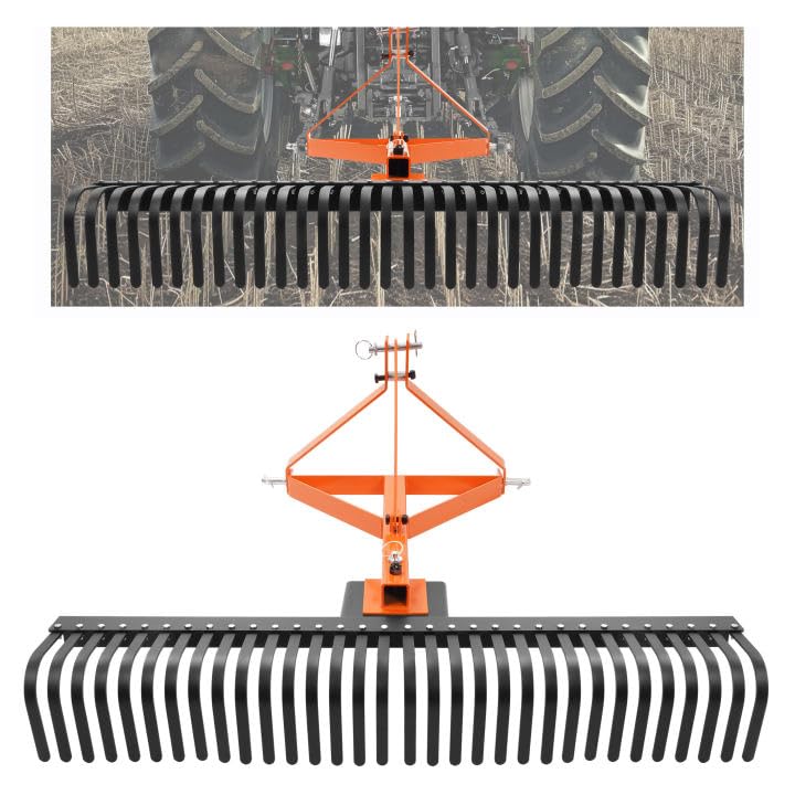 KUAFU 60 in Landscape Rake, 3 Point Rake Compatible with Category-1 Tractor, 360 Degree Rotation Tow-Behind Garden Tool for Compact Tractors for Farm, Garden, Clearing Brush, Raking Arenas 2 Package