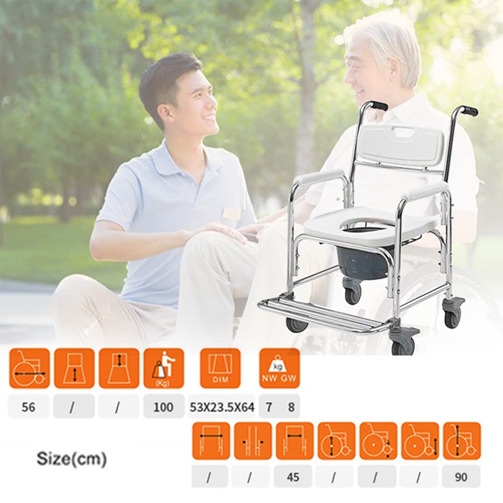 Assisted Living przenośne krzesło komodowe z podłokietnikiem i oparciem na kółkach, dla osób niepełnosprawnych i nietrzymających moczu, opieka domowa łazienka toaleta pomoc
