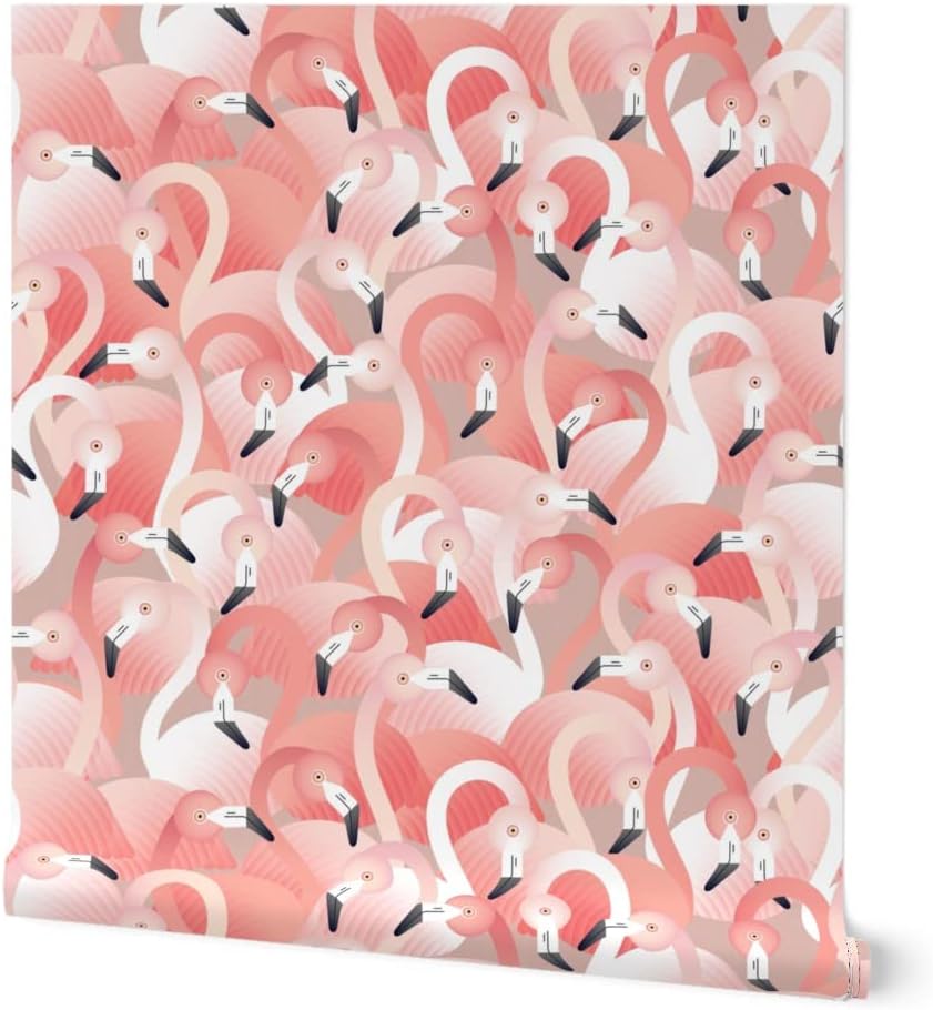 Spoonflower Removable Wallpaper 3ft x 2ft - Flamingos Pink Birds Animals Taupe Tropical Custom Pre-Pasted Wallpaper