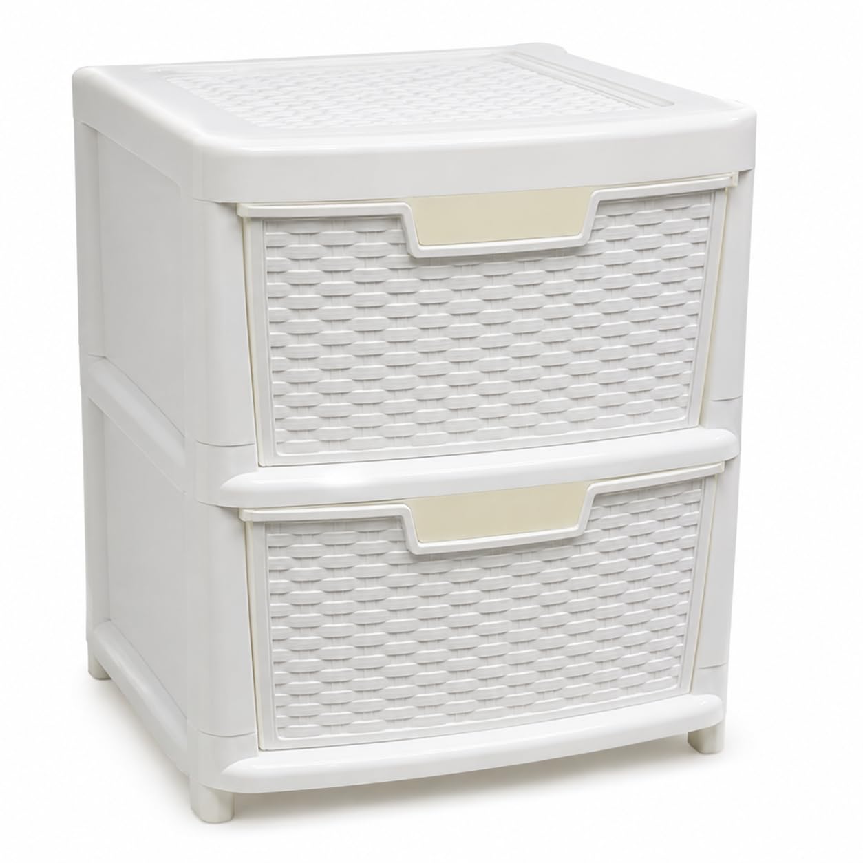 Kaanco Large Plastic Storage Drawers Rattan Effect Storage Unit Tower Space Saving Plastic Drawers for Bedroom Office Kitchen Laundry Bathroom Clothes Toy Home Organisation (2 Tier Rattan White) โ image 1
