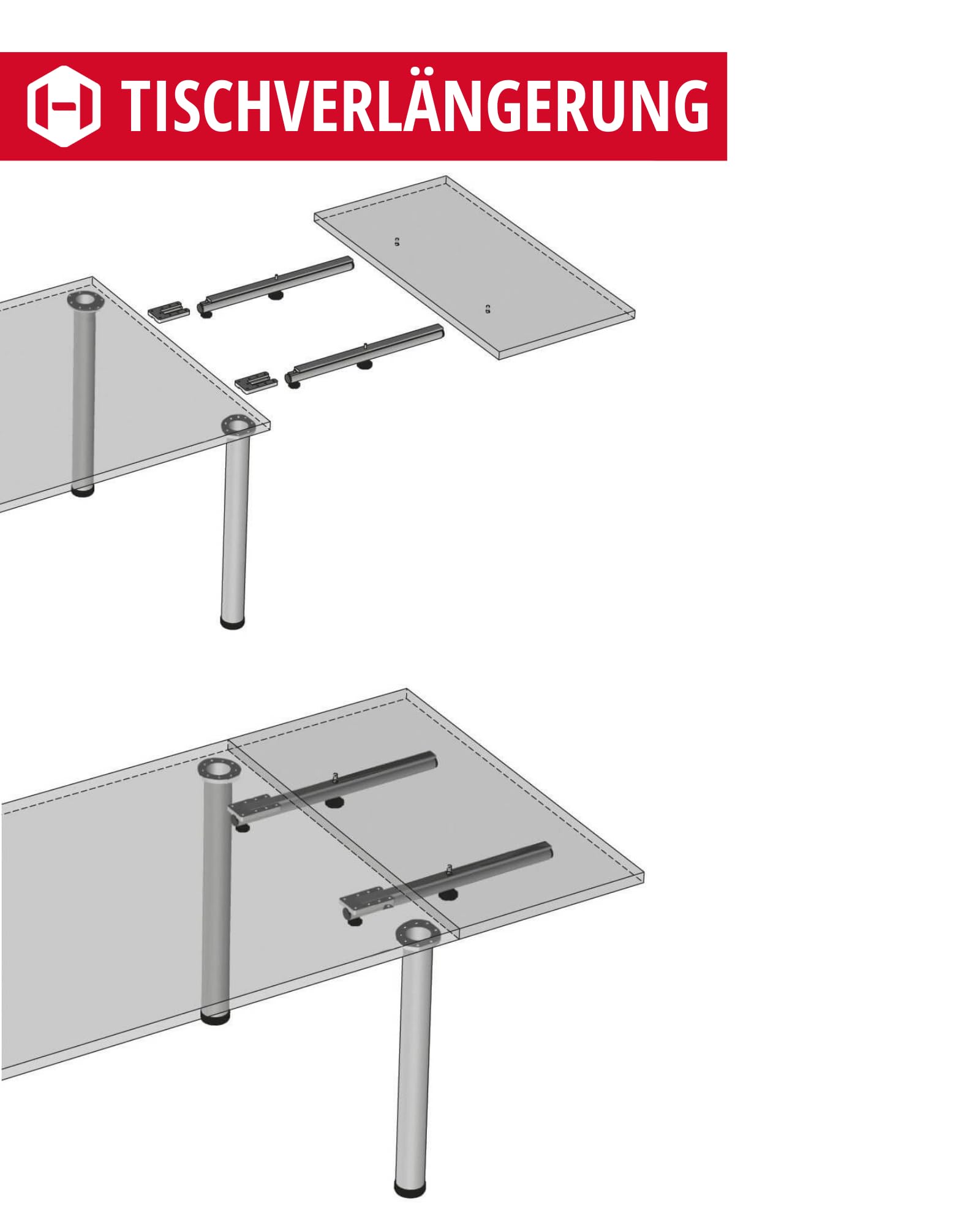 Gedotec Estensione da tavolo in alluminio | Tiver | Portata 60 kg | Estensione del piano del tavolo | Montaggio semplice | Estensione stabile per tavolo da pranzo o tavolo da conferenza | Dining Table