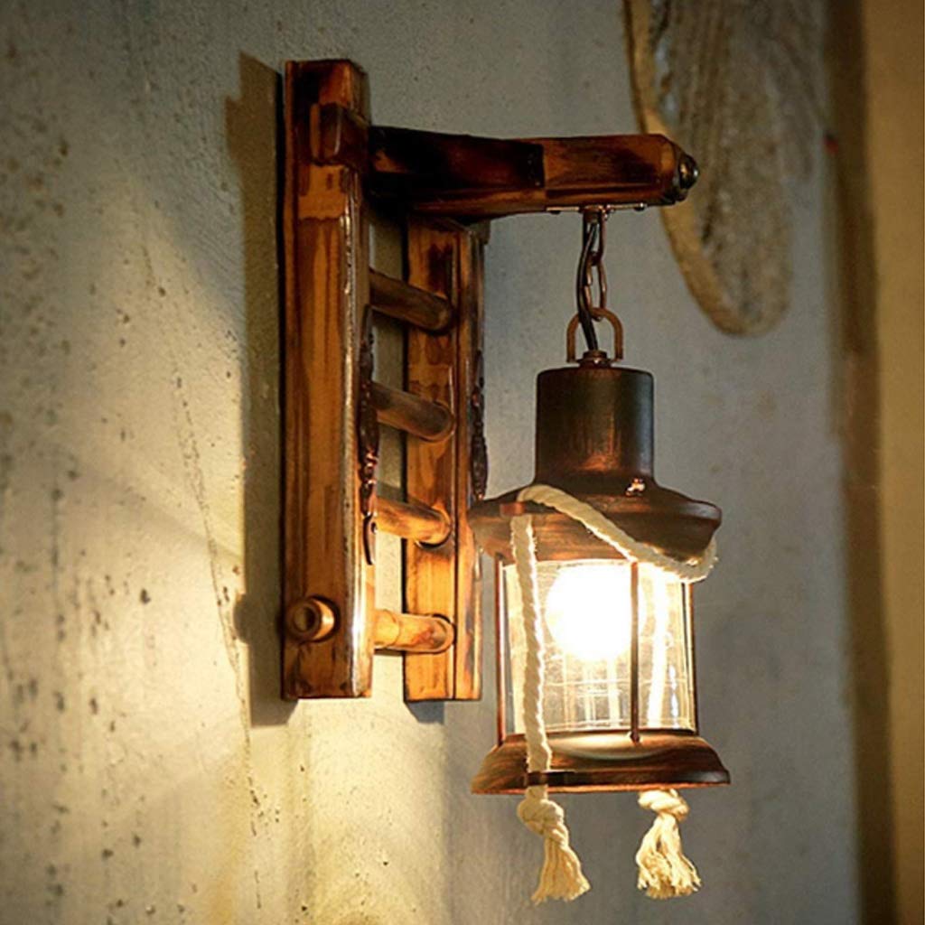 E27 Holz Retro Wandleuchte Vintage Harz Antik Nostalgie Hanfseil Rustikale Wandlampe Glas Lampenschirm Korridor Treppen Schlafzimmer Bar Cafe Industrielle Wandbeleuchtung Esszimmer Wohnzimmer