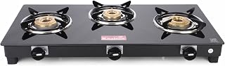 Khaitan 3 Burner Active Black Toughened Glass LPG Gas Cooktop, Manual Ignition Gas Stove with 1 Year Warranty (ISI Approved)