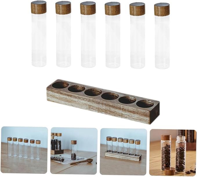 Set de 6 tubos de vidrio para almacenar café con soporte de madera miniatura 9