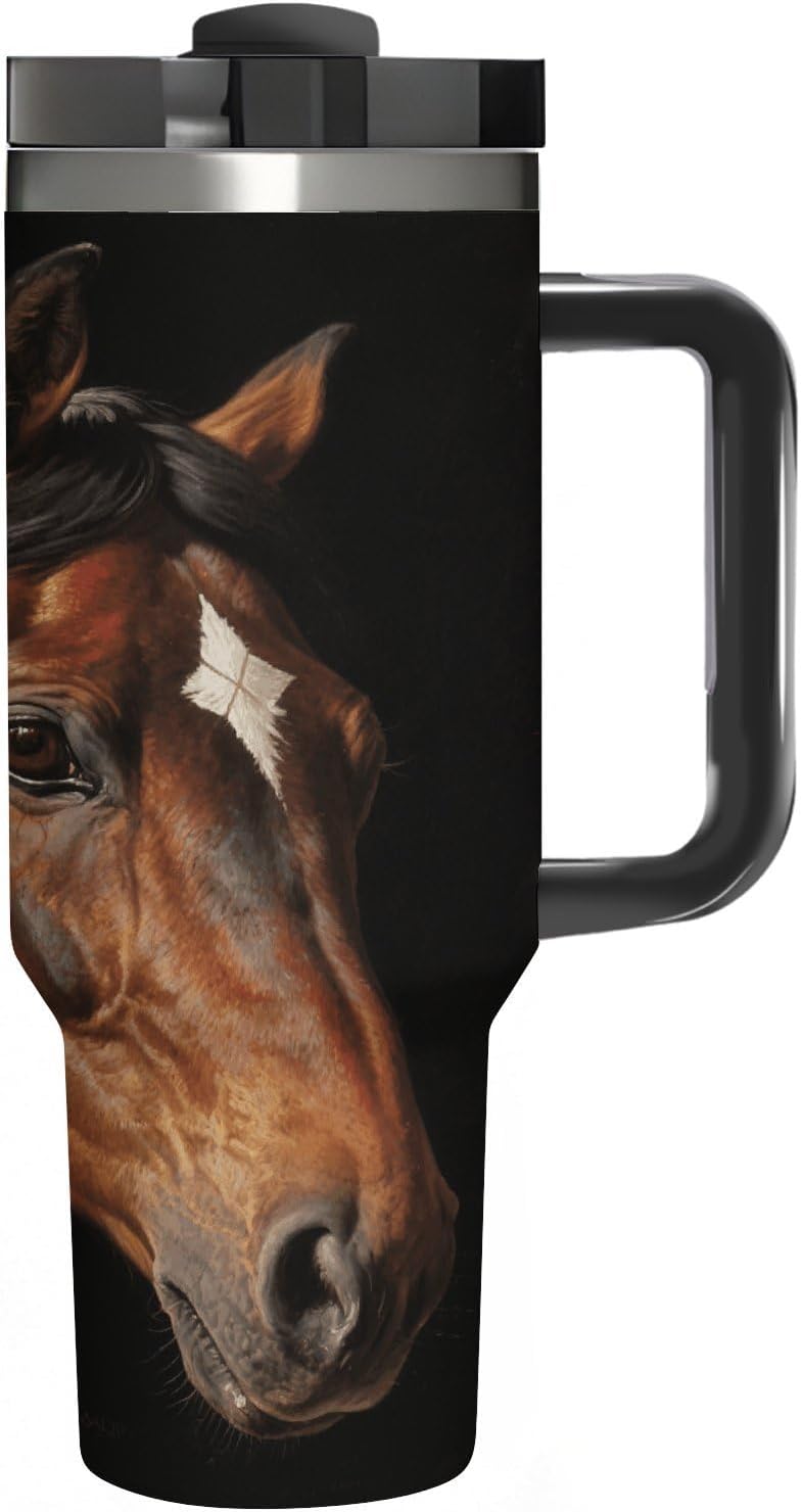 Brown Horse Water Bottle with Straw Lid Stainless Steel Tumbler with Handle Leak Proof Coffee Mug Double Wall Vacuum Insulated Bottle Fit in Any Car Cup Holder 40 Oz