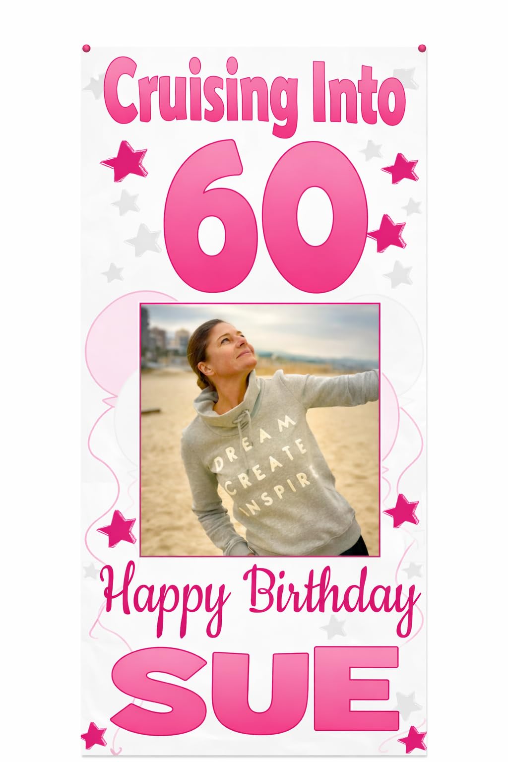 Print A Party Personalised Cruise Door Decorations, Birthday Banner Customised with Age, Name and Photo for Men, Women or Kids, Large 4ft x 2ft (Pink & Silver)
