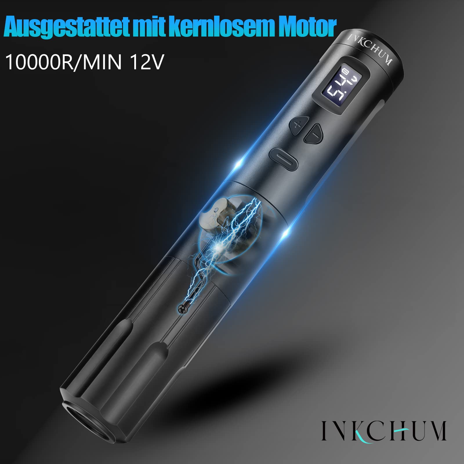 Tattoo Pen Máquina de Tatuaje Inalámbrica con Pantalla OLED Máquina de Tatuaje Rotativa Inalámbrica 10W Motor sin Núcleo 2 Baterías para Miroblading Sombreado Delineador de Ojos Labios (Negro)