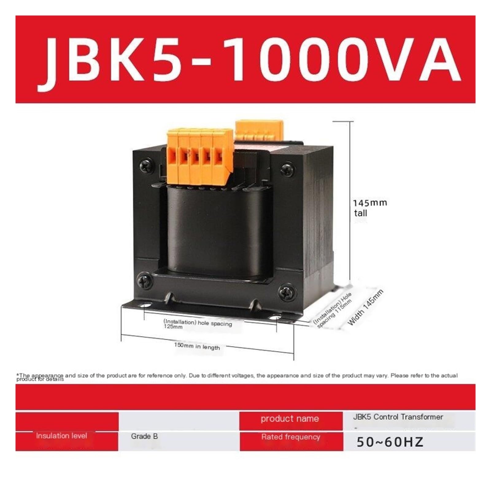 Werkzeugmaschinen-Steuertransformator JBK5-1000VA 380V bis 220V, 110V, 24V, 250W, 400W, 630V Drehmaschine mit Kupferdraht(380Vto 110-24-6)