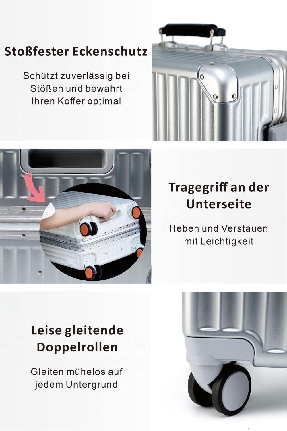 Aoliwei Aluminium-Rahmen Koffer Extra Großer XL (80cm) – Premium Hartschalen-Trolley für Reisen ab 13 Tagen, mit braunem Echtleder-Griff, TSA-Schloss & & 360° Silent-Doppelrollen, Silber