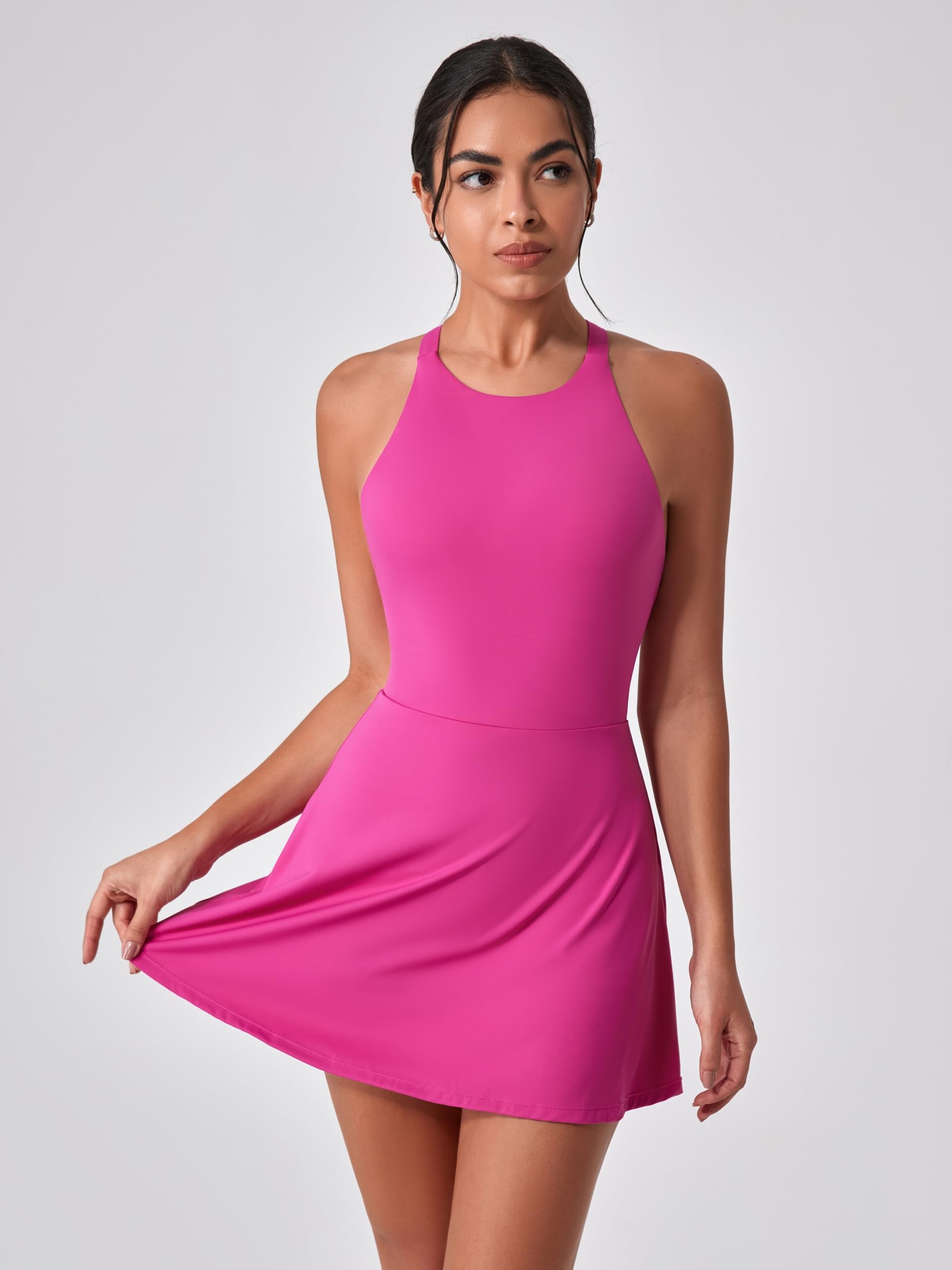 IDOPIP Abito da tennis, da donna, con reggiseno e pantaloncini integrati, tasca sul retro, per lo sport, per il tempo libero, per il fitness, lo sport