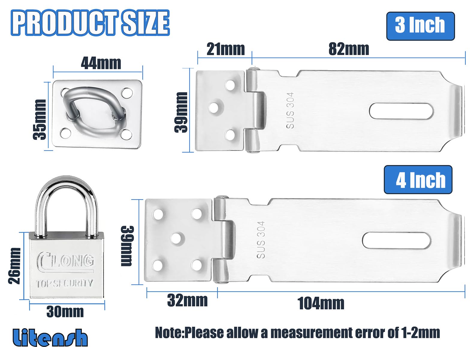 Serrature per porte in acciaio inox da 7,6 cm con lucchetto, chiusura di sicurezza Packlock Hasp, serratura extra spessa, chiusura per cancello, capannone, per camera da letto, garage,