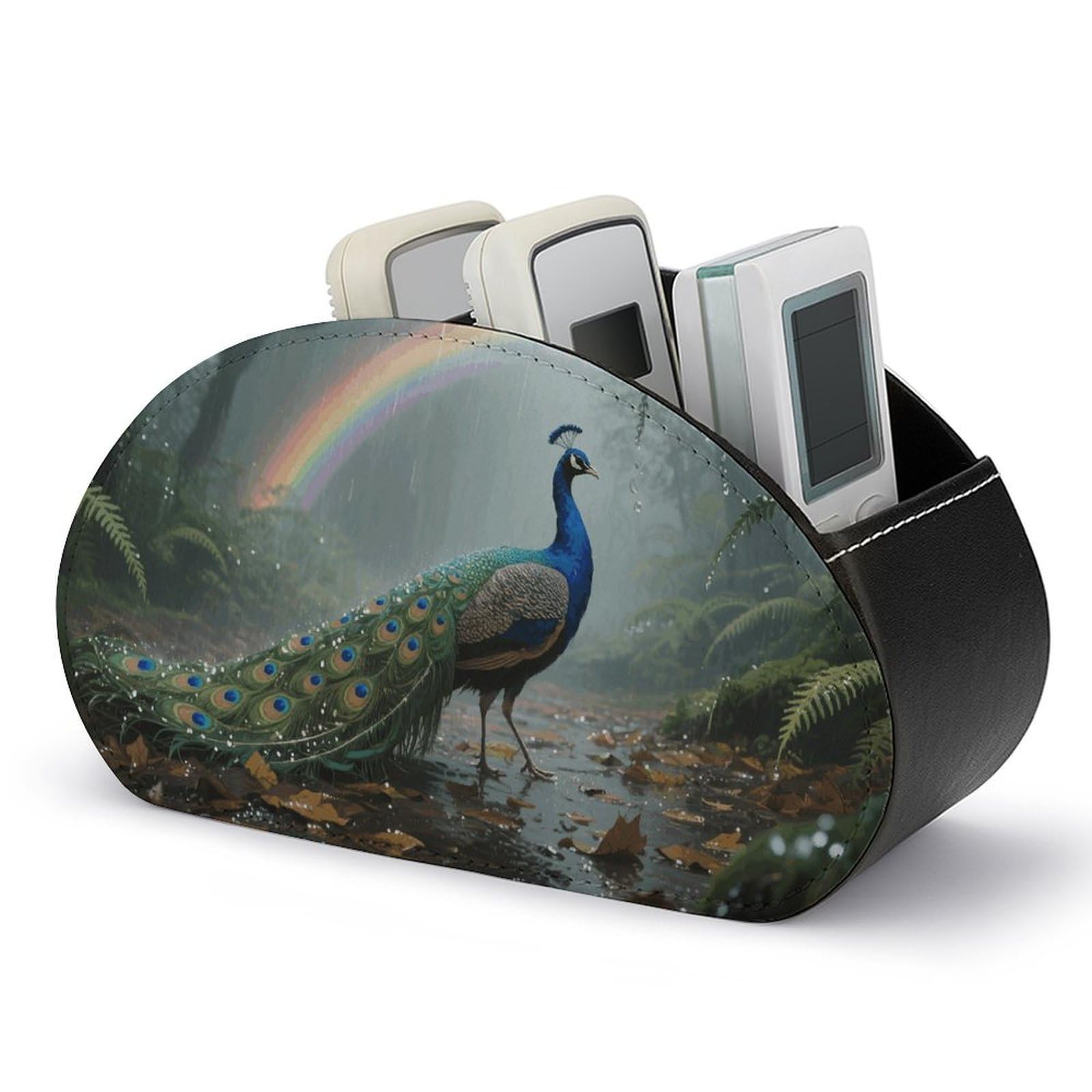 VstaDank Forest Peacock Remote Control Holder PU Leather Multifunctional Office Makeup Organizer Brush Holder Desktop Storage with 5 Compartments