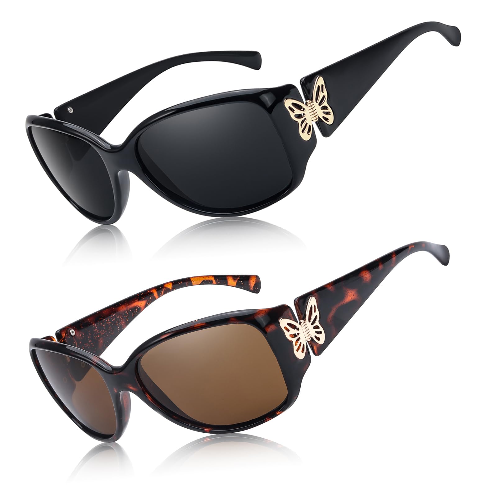 Myiaur 2 Pack Polarisiert Sonnenbrille für Damen, Wrap Around Trendy Retro Sonnenbrillen mit UV400 Schutz Butterfly Dekors