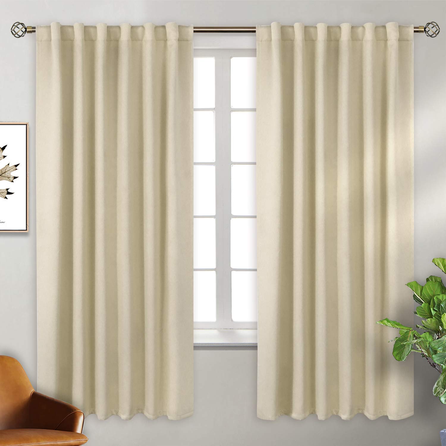 BGment Rod Pocket and Back Tab Blackout Curtains for Bedroom Thermal Insulated Room Darkening Curtains for Living Room, 2 Window Curtain Panels (W55 X L69 Inch, Beige)
