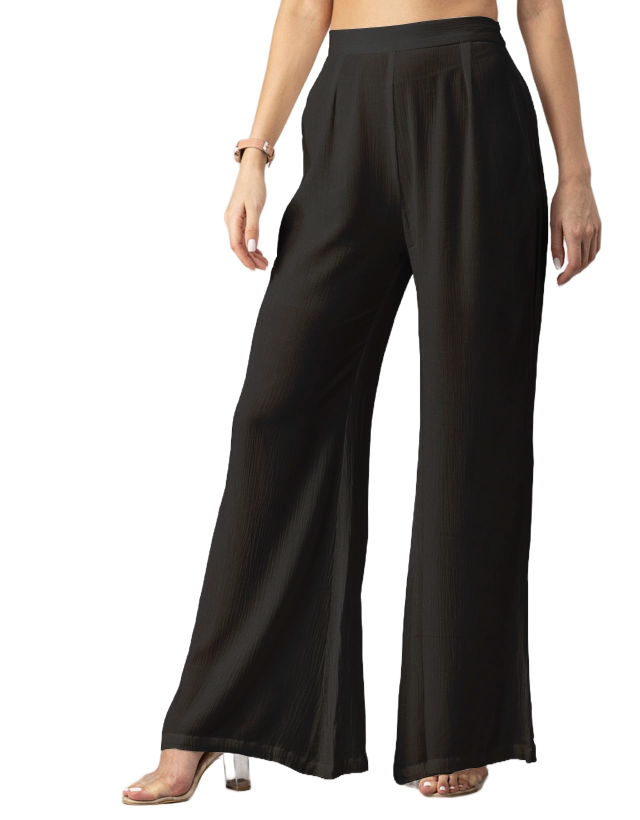 Womens Solid Palazzo Pants High Waist Ankle Length Wide Leg Trousers