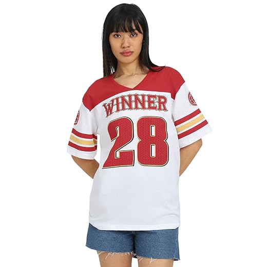 JUNEBERRY® Pure Cotton White & Red Oversized Baggy Fit V-Neck Jersey Front Printed Half Sleeve T-Shirt for Women