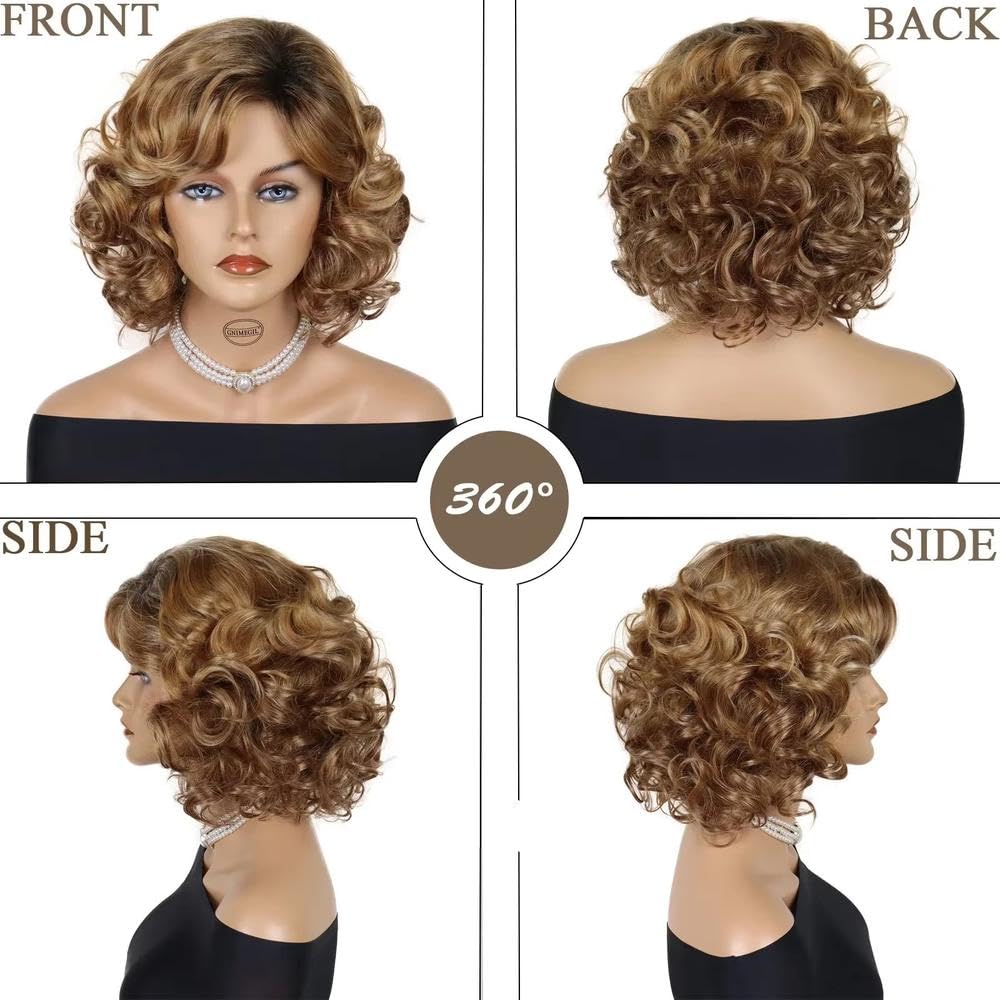 Haarpflege Blonde Kurze Gewellte Lockige Haarperücke Mit Pony Für Schwarze Frauen Tägliche Cosplay Party(Black)