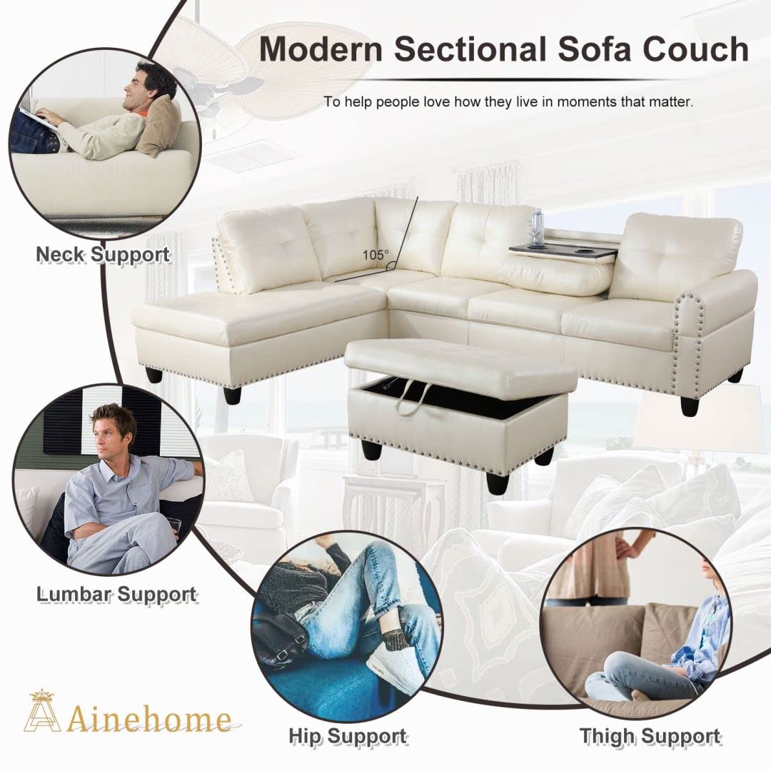 (only ottoman) SOCOUCH Faux Leather L Shaped Sofa Set, 3-Piece Sectional Couch with with Storage Ottoman for Linving Room Apartment, Timeless Elegance for Your Home, White