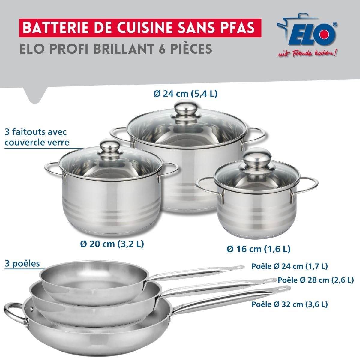 Elo Batterie cuisine 3 poêles 24/28/32 cm et 3 faitouts 16/20/24 cm | 6 pièces pour tout cuisiner, Inox sans revêtement, Poêles 24 28 32 cm, Faitouts 16 20 24 cm, Induction four et lave vaisselle