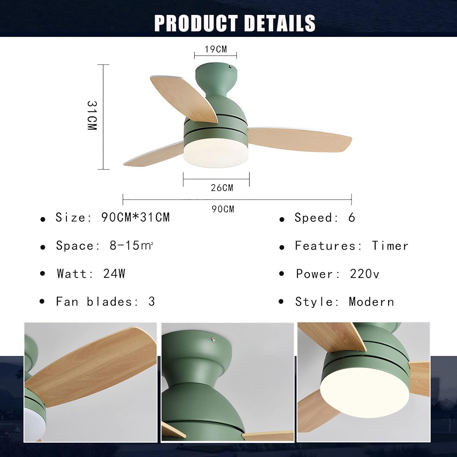 YUEGOO Ceiling Fans with Lamps,Remote Control Dimmable 3 Blade Ceiling Fan with Led Lamp Reversible 6 Speed Timer Big Ceiling Fan Chandelier for Dining Room Living Room/White/90Cm