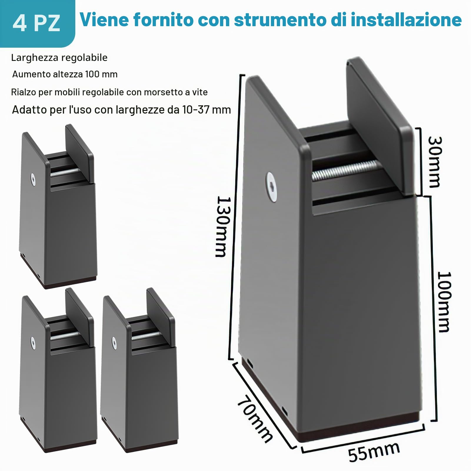 4 rialzi per mobili da 10 cm, rialzo regolabile con morsetto a vite, rialzo per sedie a letto, rialzo per divano, rialzo per mobili da 10 – 37 mm di larghezza