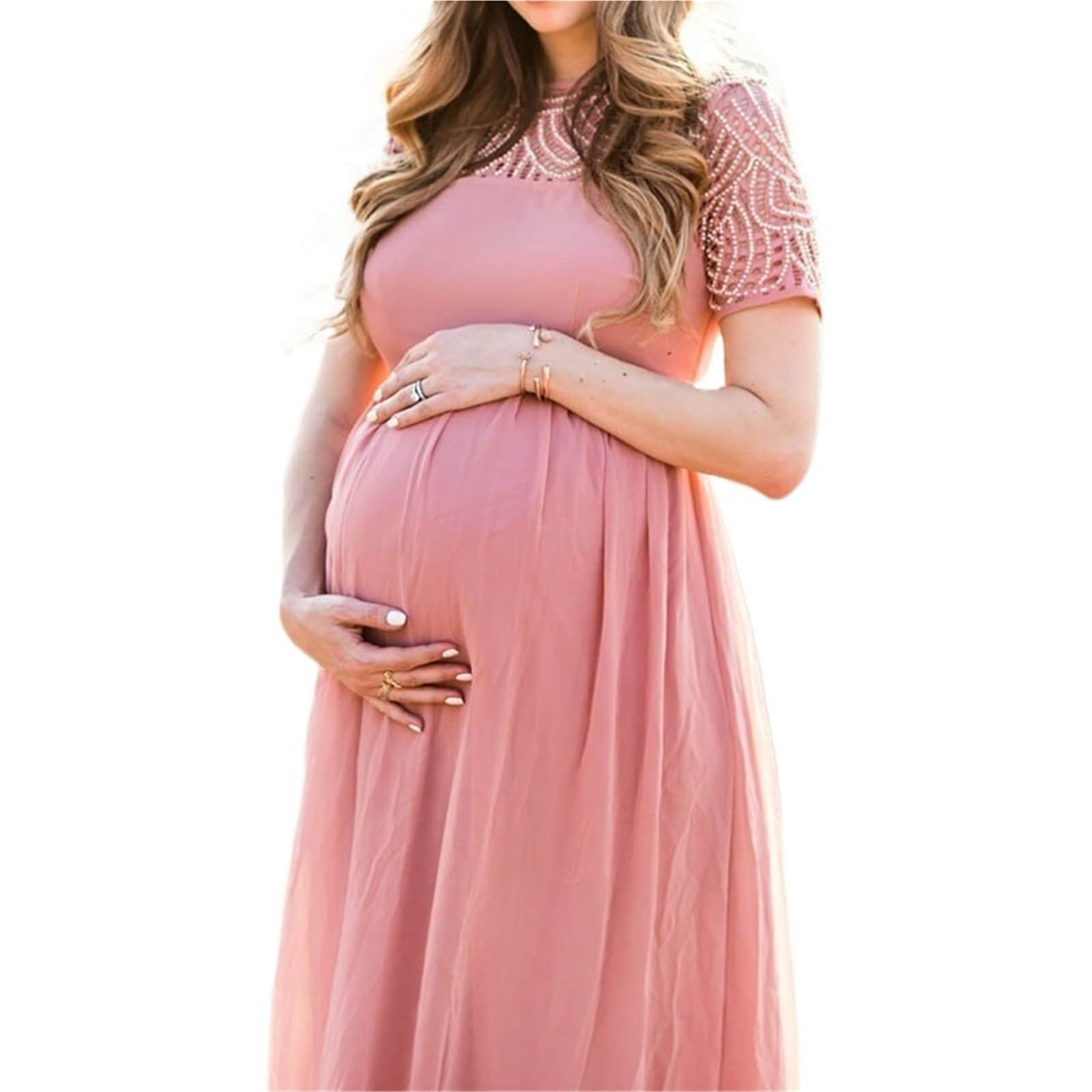 TYNXK Short Sleeve Lace Chiffon Maternity Dresses For Photoshoot Pregnant Women Maxi Gown Dress Pregnancy Baby Shower Photography Prop(M)