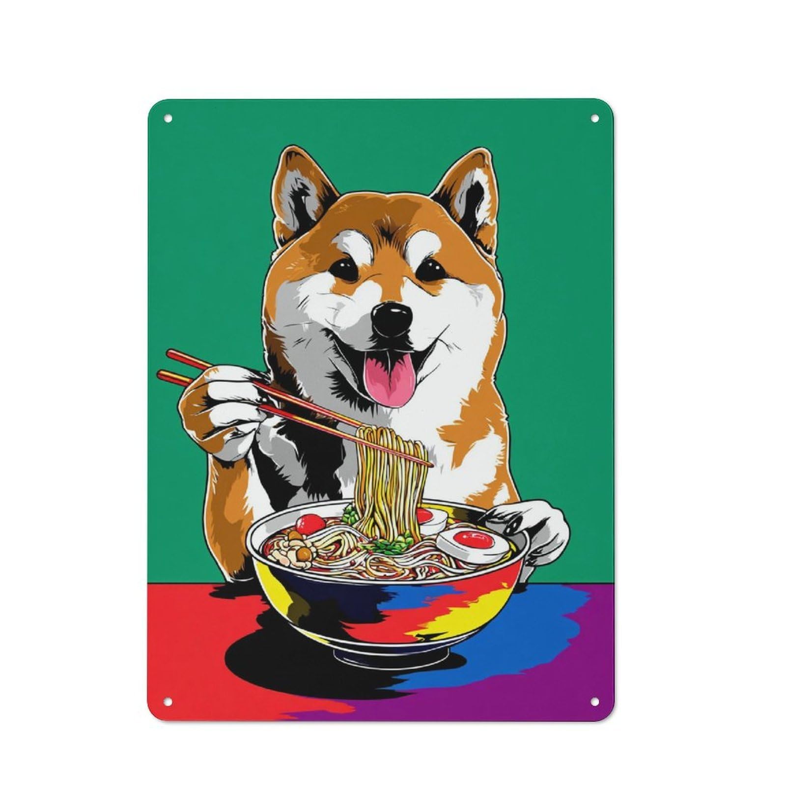 Metal Wall Sign 40x30cm Featuring Dog Enjoying Ramen Bowl for Garage Or Workshop, Suited to Workshop Owners