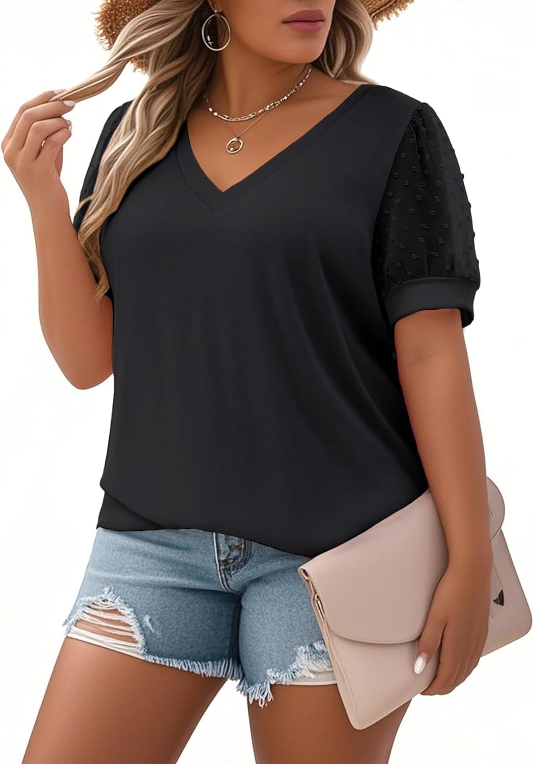 Plus Size Tops for Women Summer V Neck T Shirts Swiss Dot Short Sleeve Casual Blouse Tees - Image 2