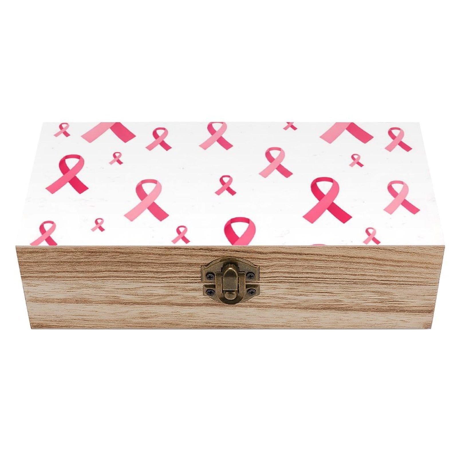 HLBSDM Breast Cancer Awareness Pink Ribbons White Wooden Storage Box