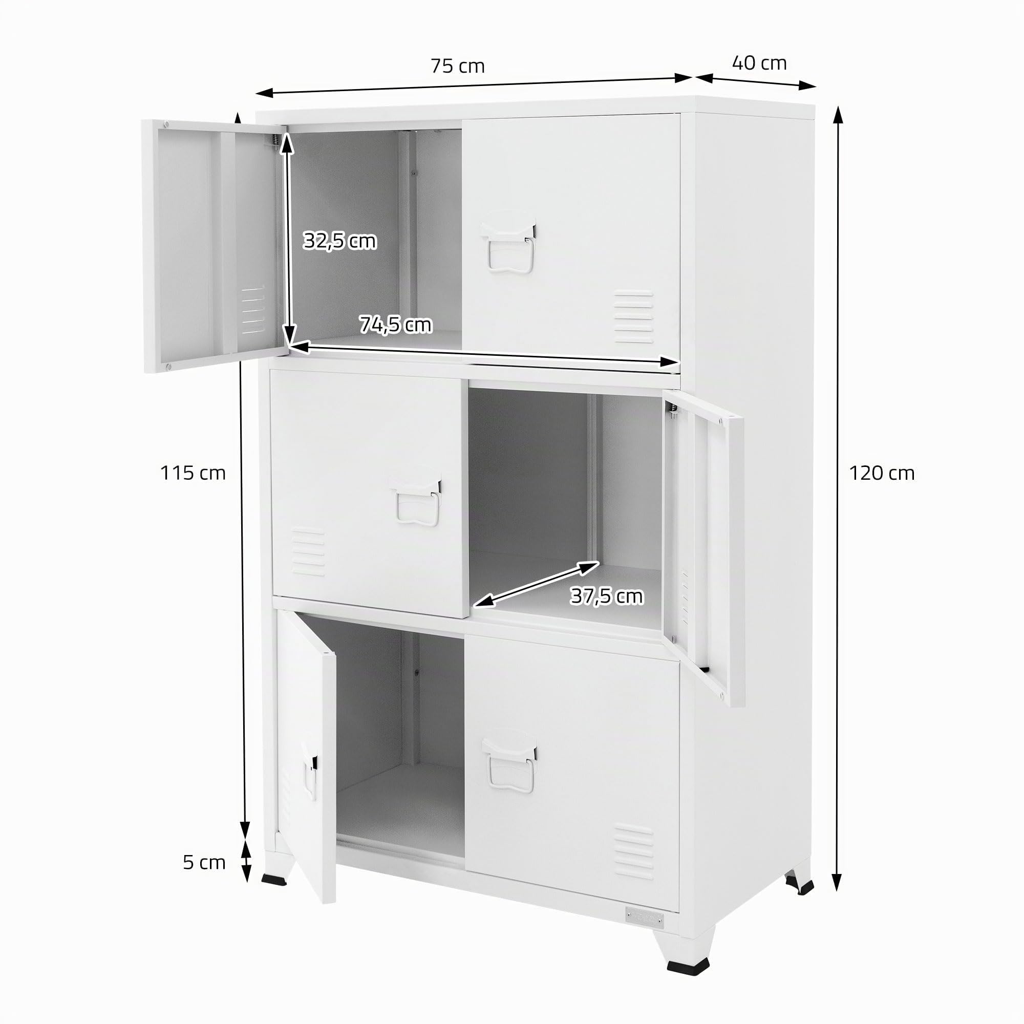 ML-Design Archivador de Oficina 75x40x120,5 cm Acero Blanco Armario Independiente con 4 Patas Mesita Auxiliar Metálica con 6 Puertas y 3 Compartimentos Mueble para Almacenamiento Archivo de Documentos