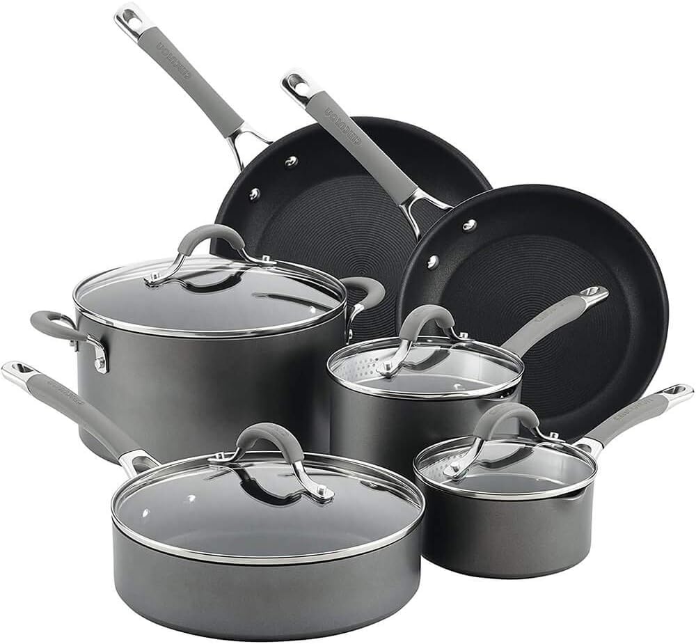 Elementum Hard Anodized Nonstick Cookware Pots and Pans Set, 10 Piece, Oyster Gray