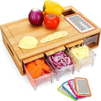 XL Bamboo Deluxe 3-in-1 Chopping Board 4 Graters 4 Compartments with Wooden Lids Integrated Handle BPA-Free