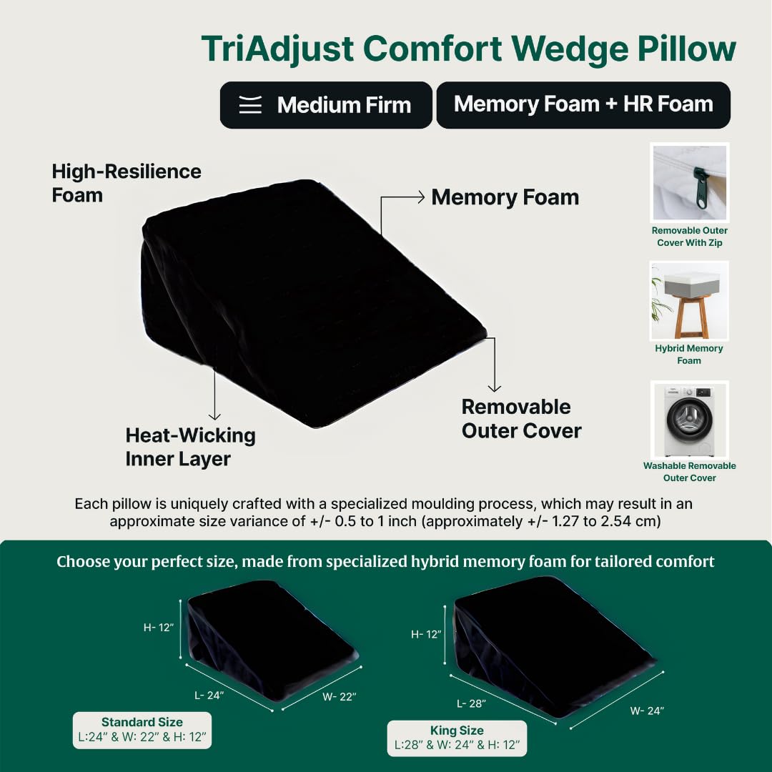 The White Willow Orthopedic Memory Foam Extra Large Adjustable Bed Wedge Pillow for Back Support, Pregnancy, Sleeping, Acid Reflux, Leg Support and Elevation,GERD, Reading with Removable Cover- Black 4