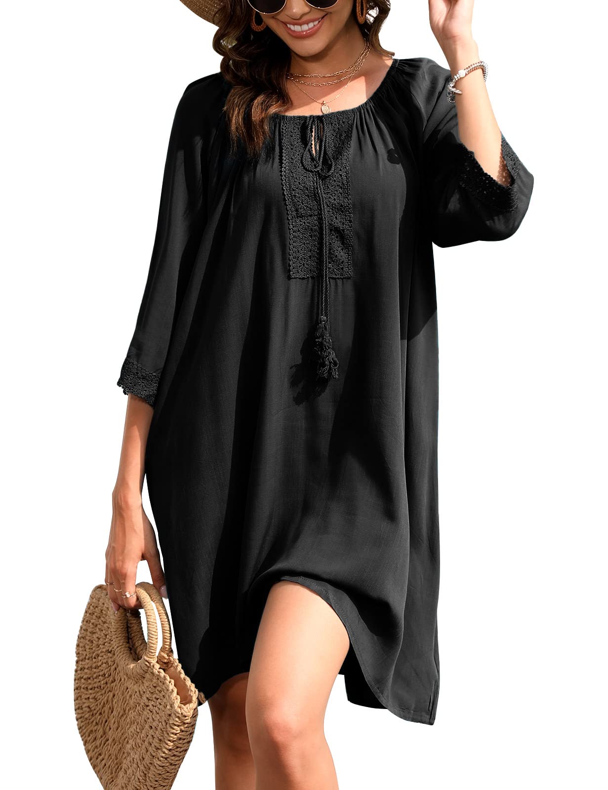 UMIPUBO Pareos Playa Mujer Vestidos de Playa Cuello en V Falda de Playa Verano Suelta Bikini Cover Up Vestido de baño Color Sólido Camisolas y Pareos