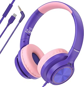 سماعات رأس للأطفال للسفر المدرسي، ترقية USB Type C Safe Volume 94dB، مع ميكروفون عالي الدقة صوت ستيريو سماعات رأس قابلة للطي على الأذن للأولاد/البنات/الطلاب/الكمبيوتر اللوحي/السفر أرجواني