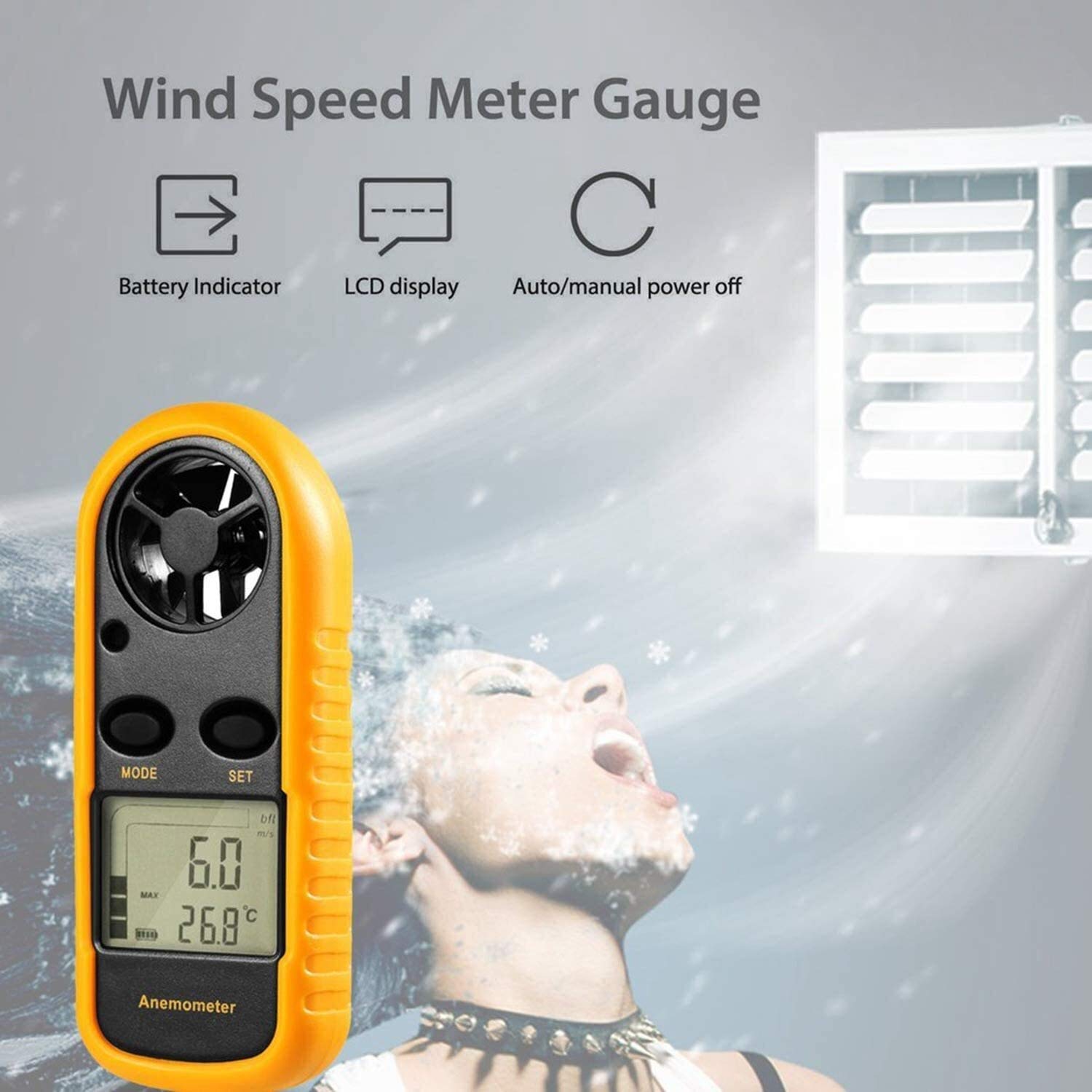 JJJ Anemometro Portatile Digitale, con Display LCD for misurare velocità del Vento, Temperatura e raffreddore del Vento (Giallo + Nero)