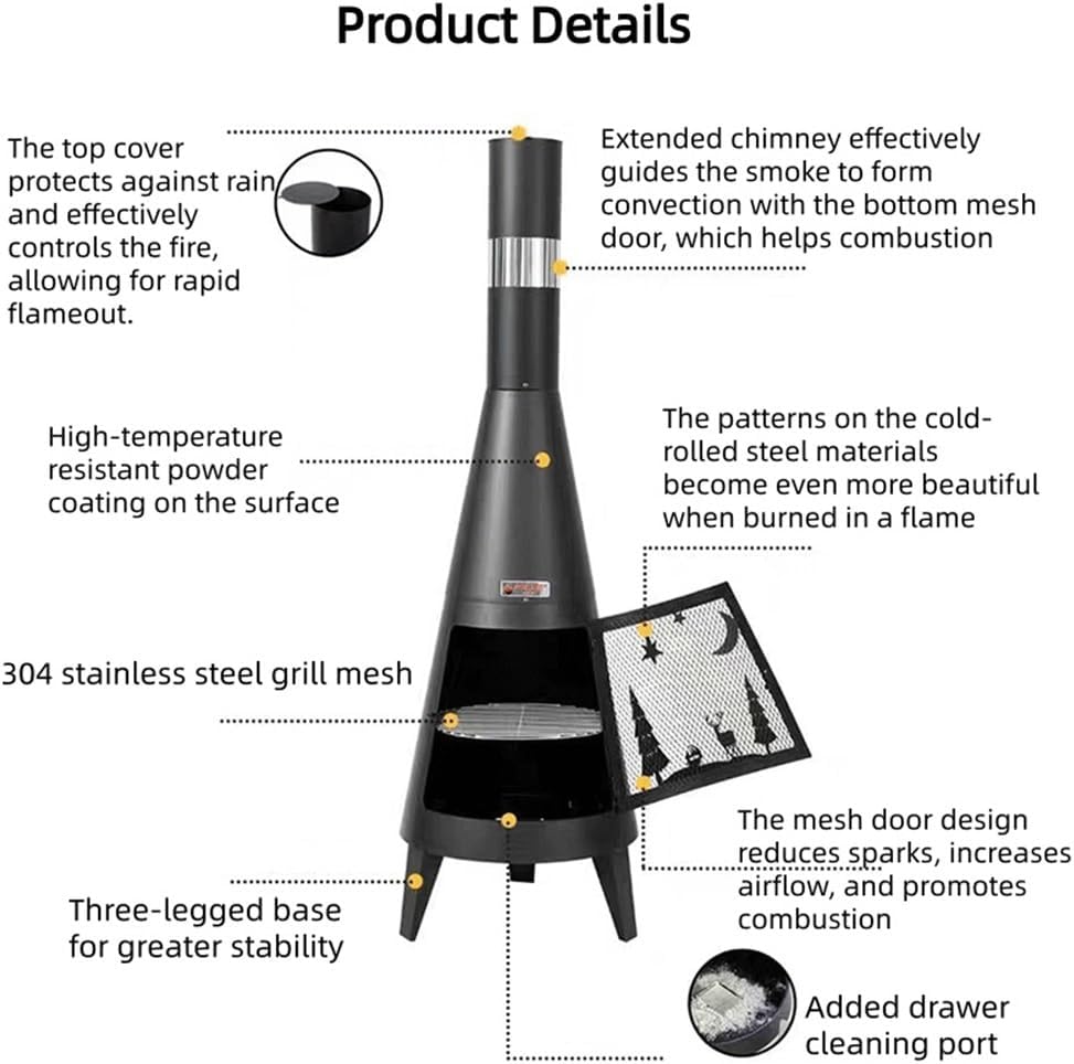 Modern Chiminea Outdoor Fireplace with Chimney, Cold-Rolled Steel Patio Fire Pit with Mesh Door, Burning Fireplace for Heating and Cooking for Backyard, Patio