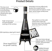 Vista 3 de Chiminea moderna chimenea al aire libre con chimenea, hoguera de acero laminado en frío con puerta de malla, chimenea para calefacción y cocina
