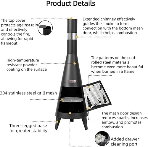 Miniatura 3 de Chiminea moderna chimenea al aire libre con chimenea, hoguera de acero laminado en frío con puerta de malla, chimenea para calefacción y cocina para