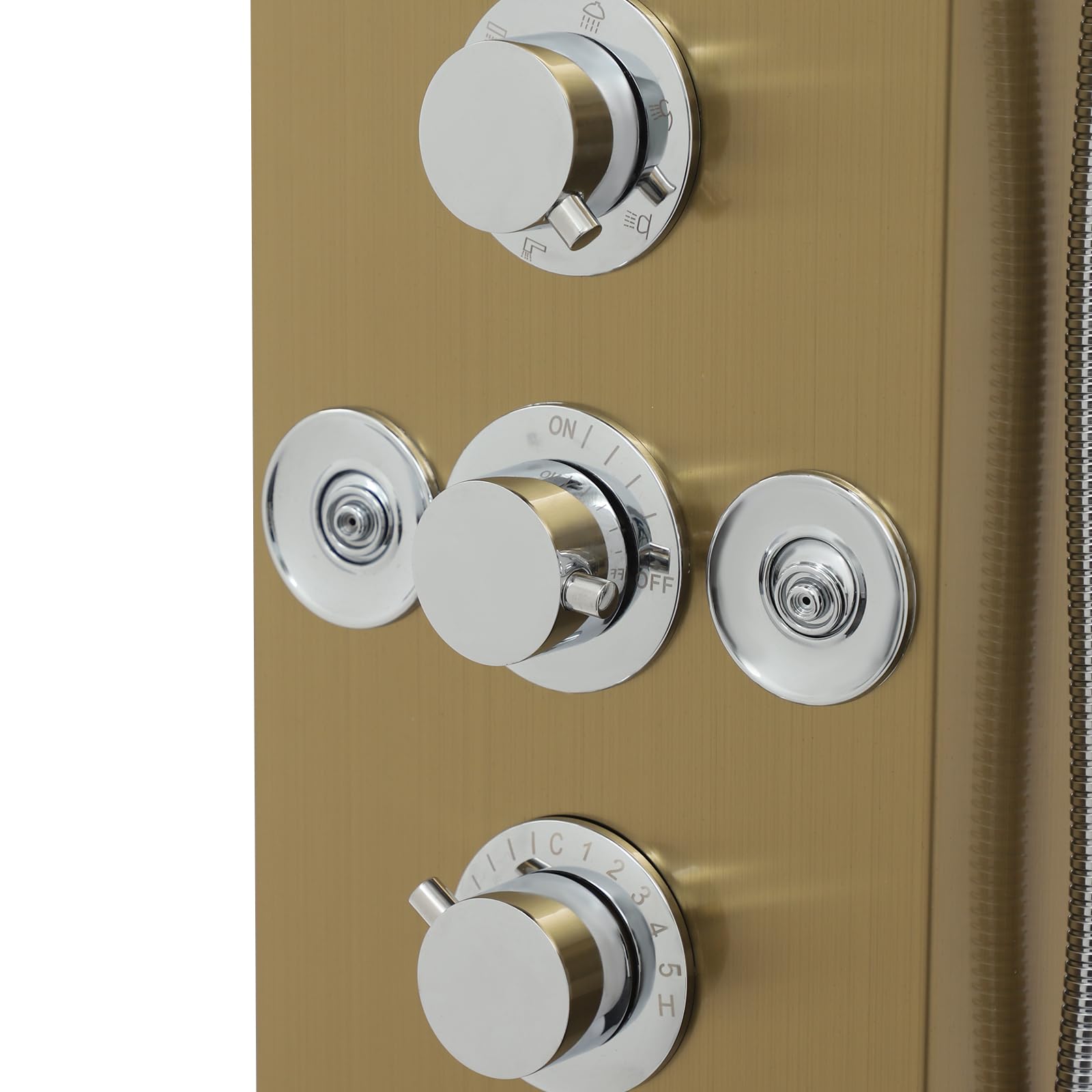 Pannello doccia per bagno, colonna doccia, 6 in 1, pannello doccia a LED, in acciaio inox 304, a cascata e a pioggia, ugelli massaggianti, indicatore di temperatura, montaggio a parete, oro
