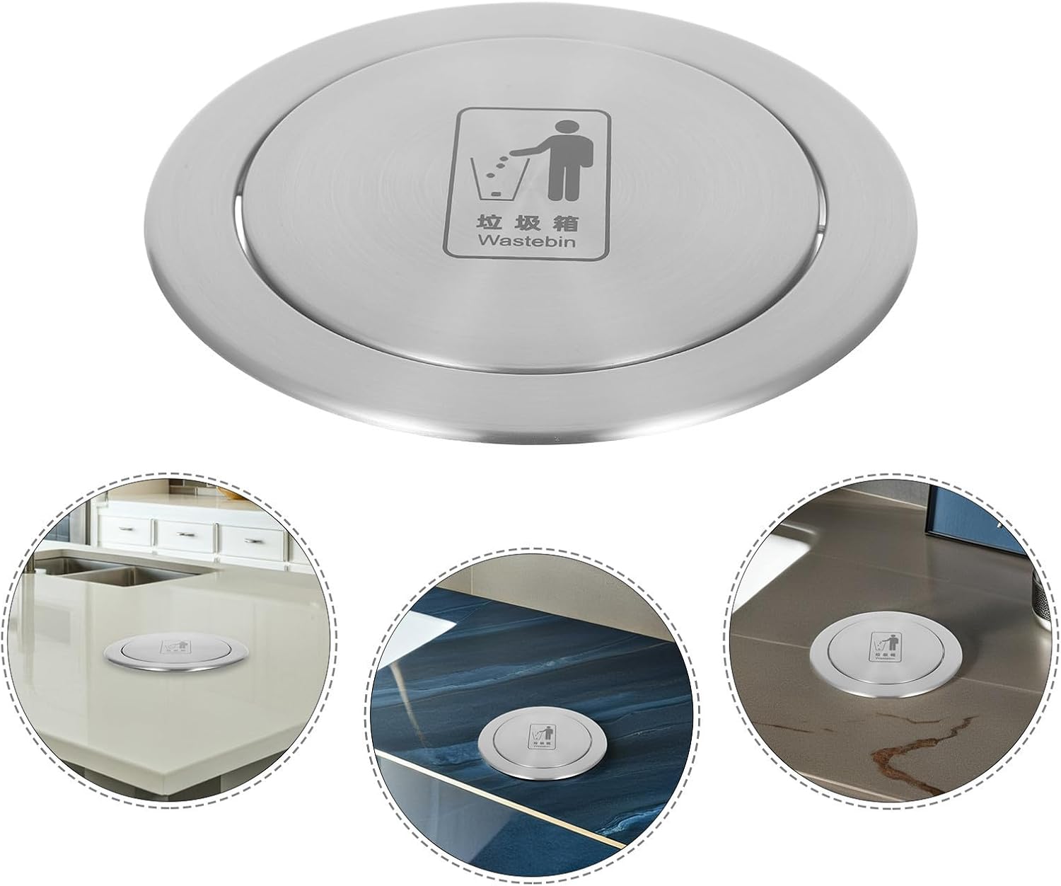 Recessed Countertop Trash Can Lid Stainless Steel Silver