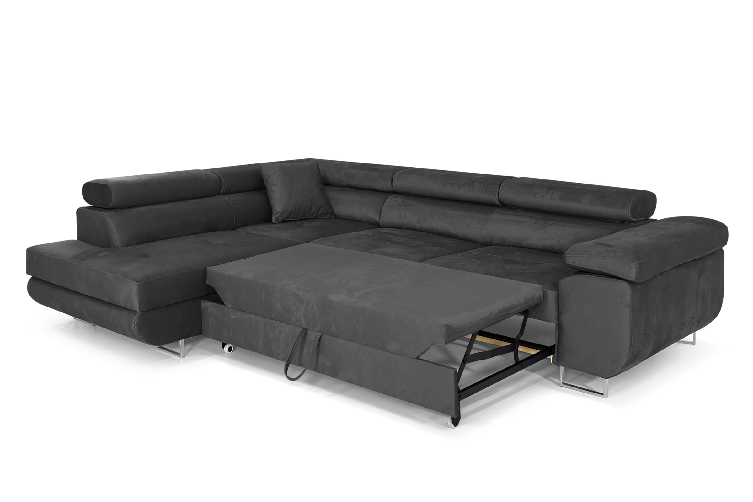 Ecksofa mit Schlaffunktion PASTI L-Form, Sofa Couch mit Bettkasten, 3-Sitzer Eckcouch, Schlafsofa für Wohnzimmer, Big Sofa Couch mit Schlaffunktion (Dunkelgrau, Ottomane Links)