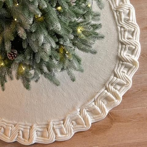 KHOYIME White Knitted Christmas Tree Skirt 36 Inches, Rustic Vintage Large Xmas Tree Rug Skirt Chunky Thick Knit Boho Under Tree Skirt, Farmhouse Indoor Holiday Decorations New Year Home Party Decor Cover