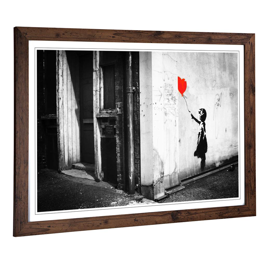 Big Box Art Framed Print of Banksy Girl with Balloon Graffiti Design | Wall Art Picture | Home Decor for Kitchen, Living Room, Bedroom, Hallway, Walnut, A2 / 24.5x18 Inch / 62x45cm