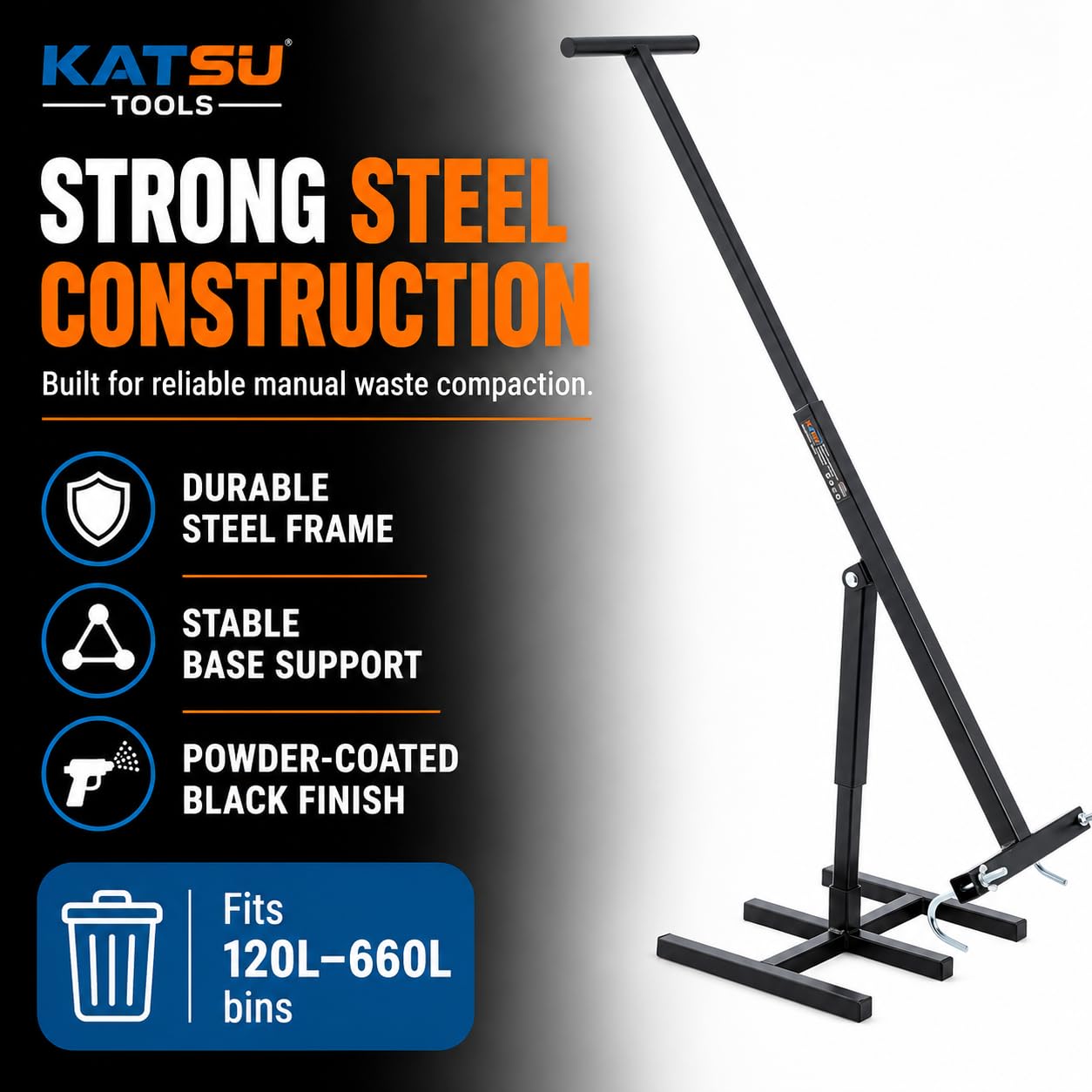 KATSU Tools Compactador de basura manual para contenedores con ruedas: altura ajustable, compatible con contenedores de basura con ruedas de 120 a 660 litros