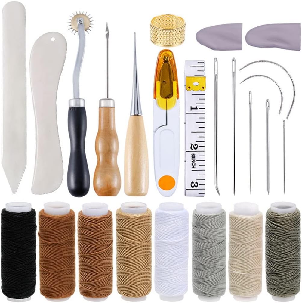 HIONJIN Leather Craft Tools Kit Waxed Thread Needles Bone Folder Wooden Handle Awl Hand Sewing Leather Craft Making Tools Set