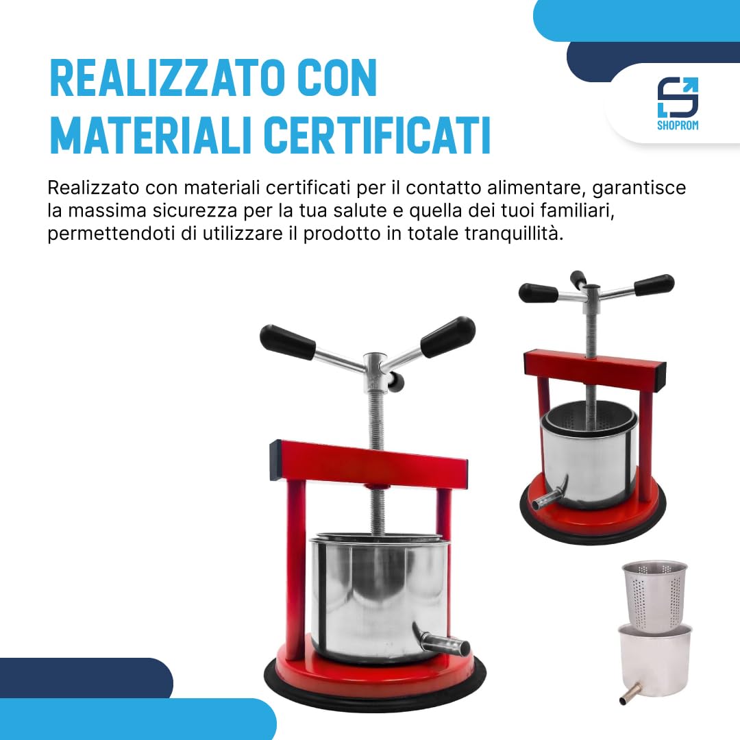 Torchio Manuale 1,5 Litri in Acciaio Inox, Pressa Multiuso per Uva, Frutta e Verdura, Uso Domestico