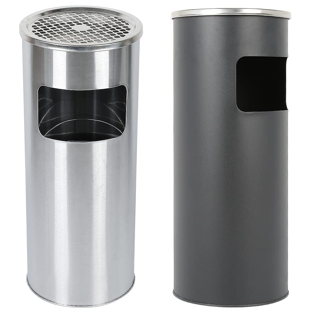 Cenicero de pie 2 en 1 de acero inoxidable con cubo de basura, 30 litros, cubo interior extraíble, cenicero de pie para exterior, cenicero para entrada, hotel (plata + negro, 30 L, 2 unidades)