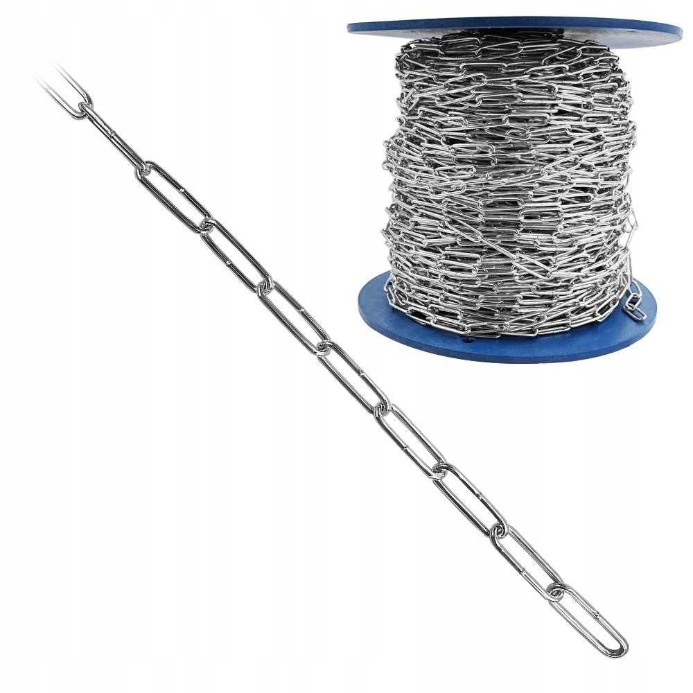 Pan Lacznik Langgliedkette 2mm verzinkt 100m Stahlkette DIN 5685 Gliederkette Metallkette technische Kette mit galvanischer Verzinkung für Garten Werkstatt Bau