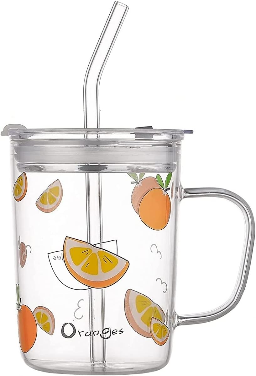 KELVEE Random Design Glass Measuring Drinking Milk Mug with Handle and Clear Lid with Silicone Straw for Girls & Kids Multiple Usage 350 ml (Set of 1)